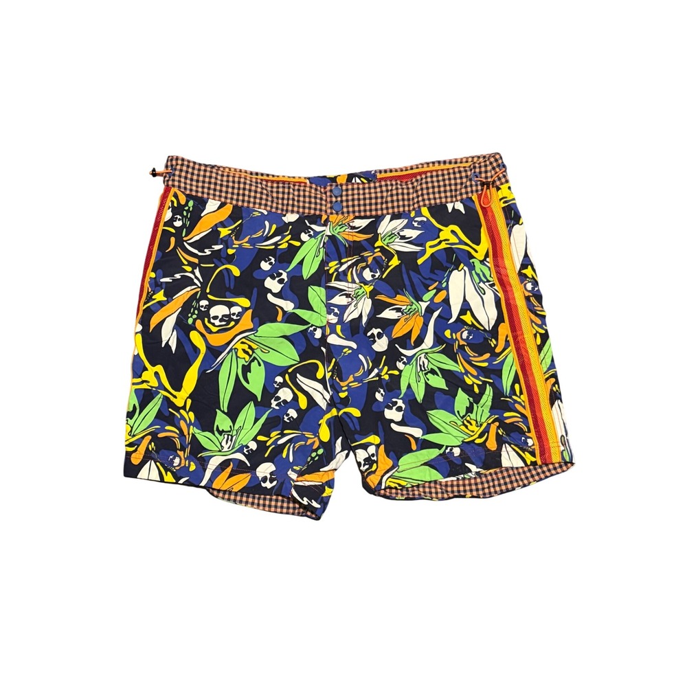 Robert Graham Mens Swim Trunks Floral Skull Print Blue Gingham Board Shorts 40